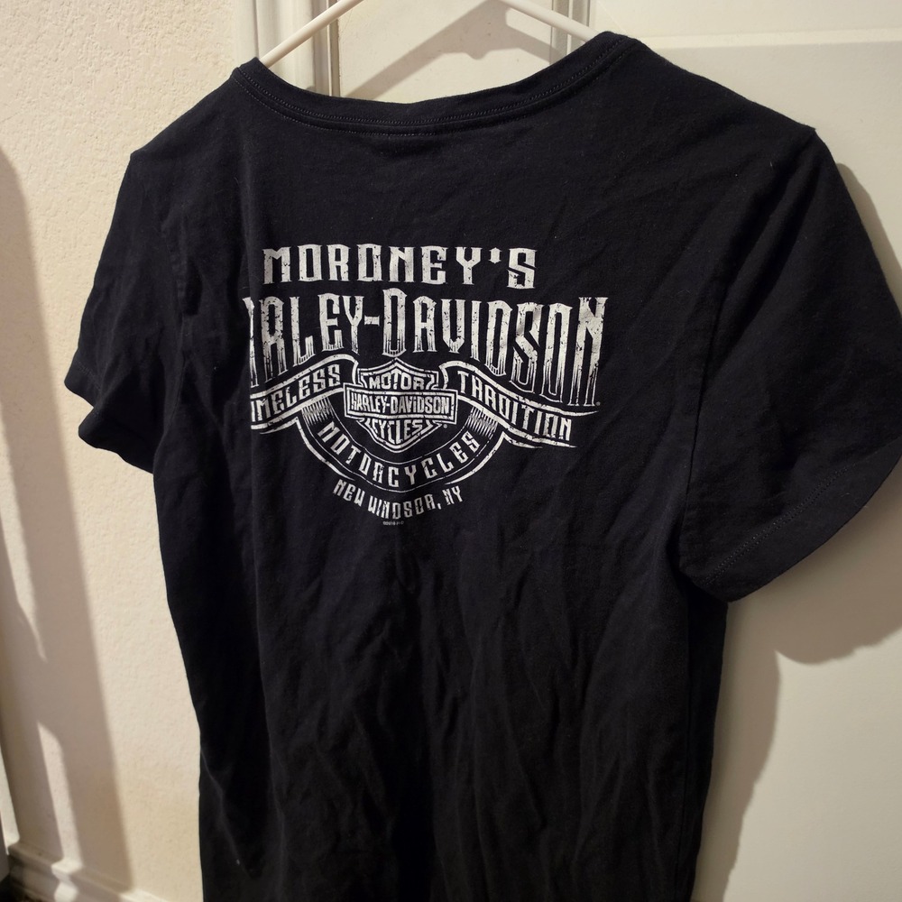 Harley-Davidson Moroneys New Windsor NY V-Neck Graphic T-Shirt Black Womens L